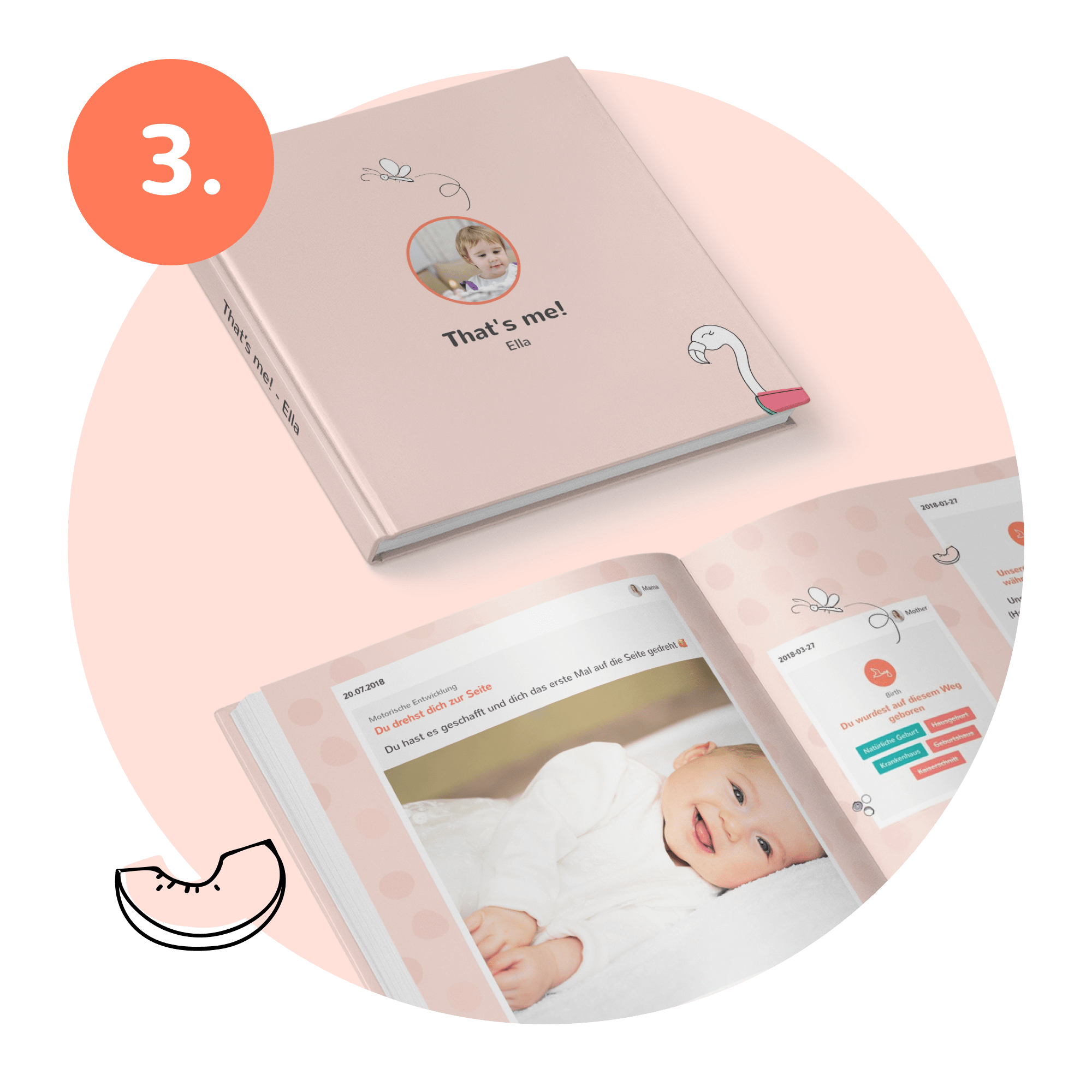 Nahaufnahme Erinnerungsbuch Baby in rosa von außen und innen